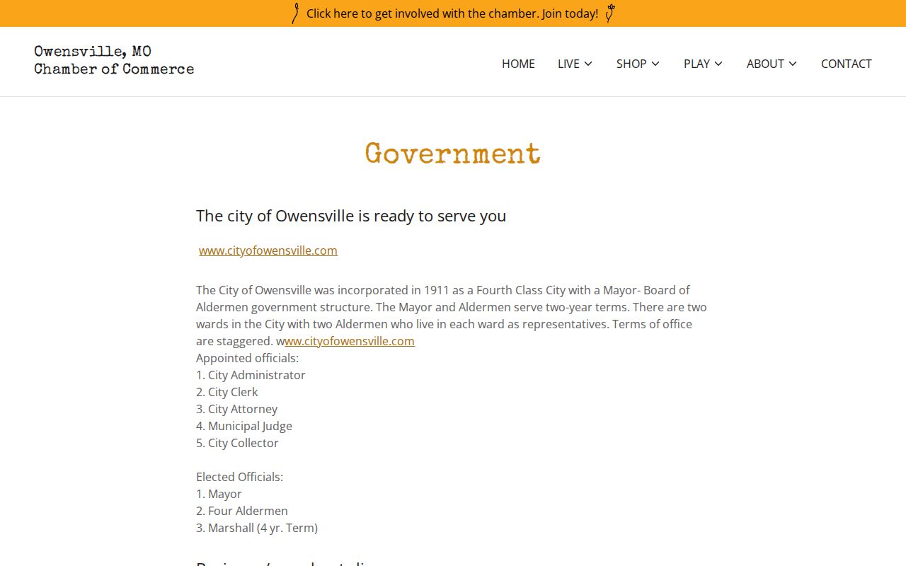 Official City of Owensville government page with police department contact information