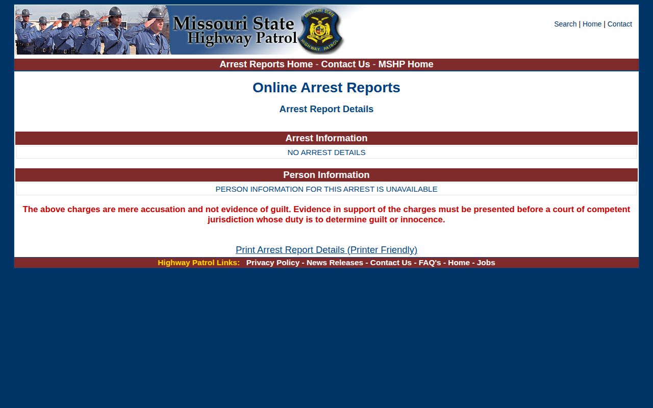 Example Missouri Highway Patrol arrest detail showing a holding facility