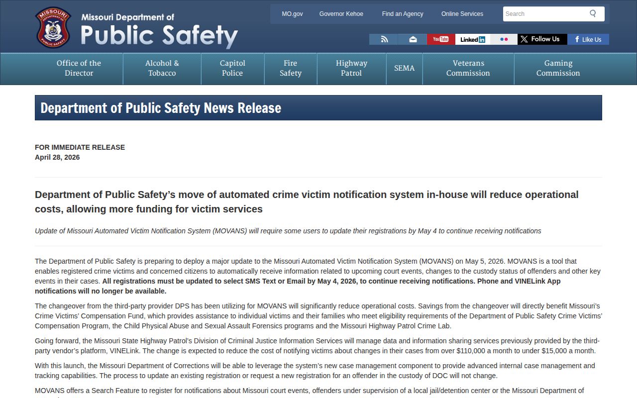 Missouri DPS notice about the 2026 MOVANS update