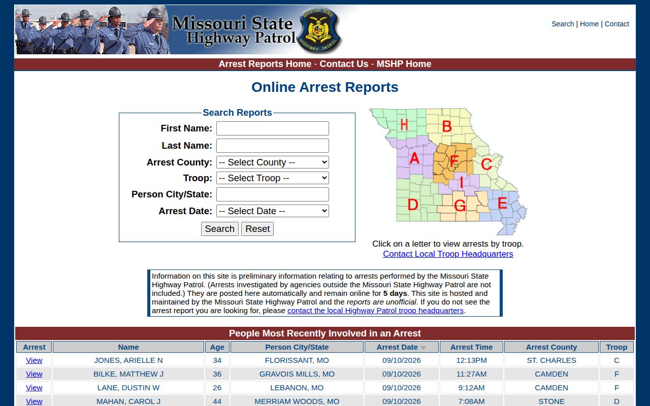Missouri State Highway Patrol Arrest Reports search page for Gasconade County arrest research