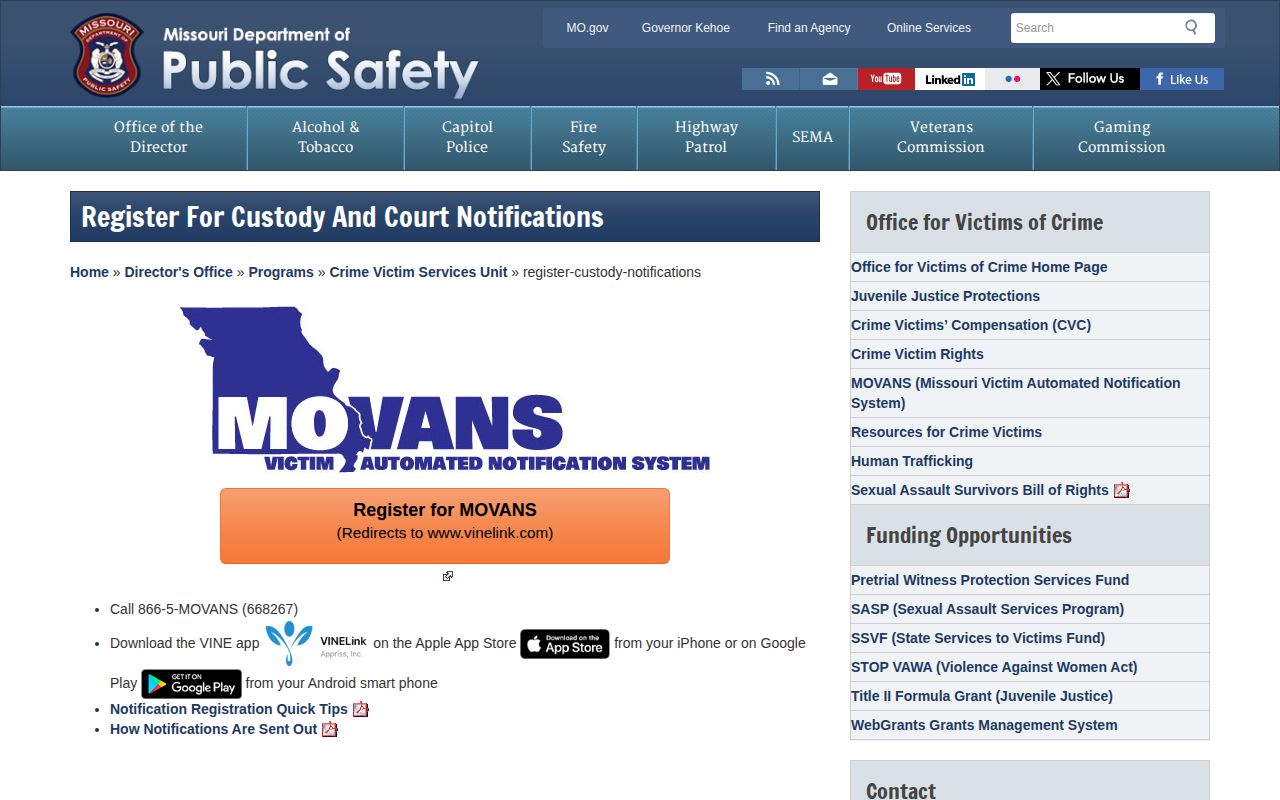 Missouri MOVANS custody notification registration page