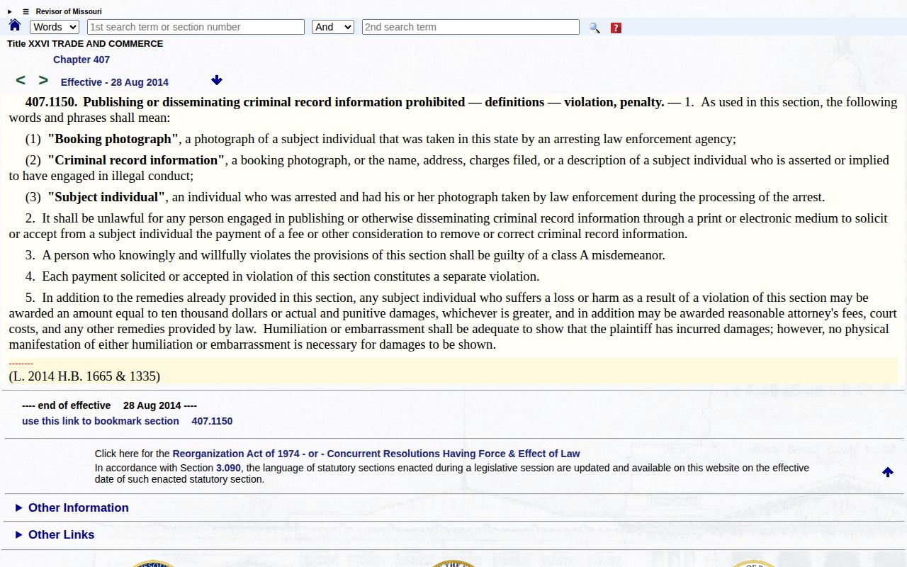 Official Missouri Revised Statutes section 407.1150 booking photograph law