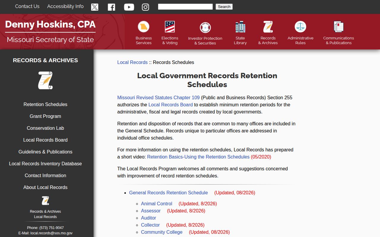 Missouri Secretary of State local records schedules